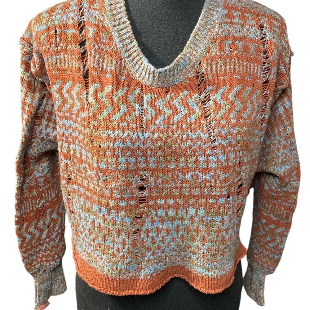 BDG Distressed Brown & Teal Cropped Fair Isle Long Sleeve Sweater - Picture 5 of 10